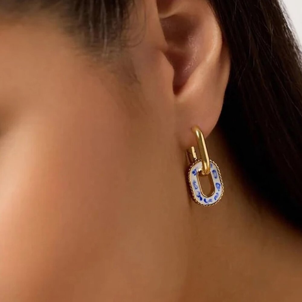 Gold Plated Blue And White Porcelain Pattern Earrings | Gift for Her